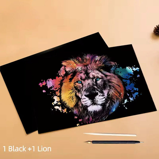Tableau à Gratter Animaux Colorés – 1 Modèle au choix + 1 Planche Vierge
